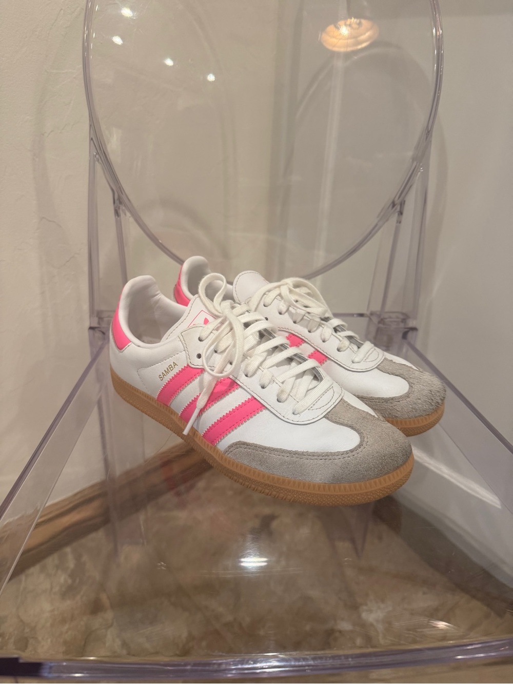 adidas samba White Sneakers with Pink Stripes and Gray Suede